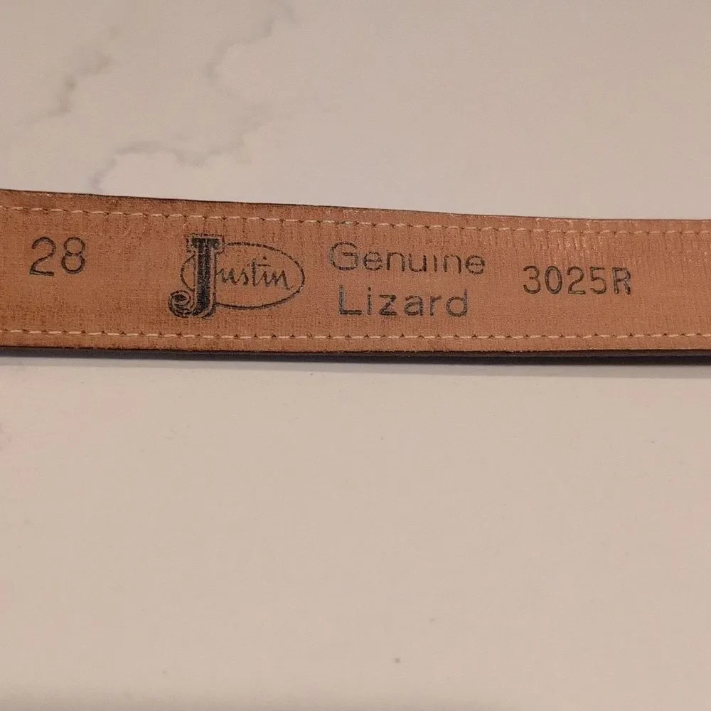 Justin Genuine Lizard Brown Belt With Hand Engraved Silver Buckle & Tip Size 28